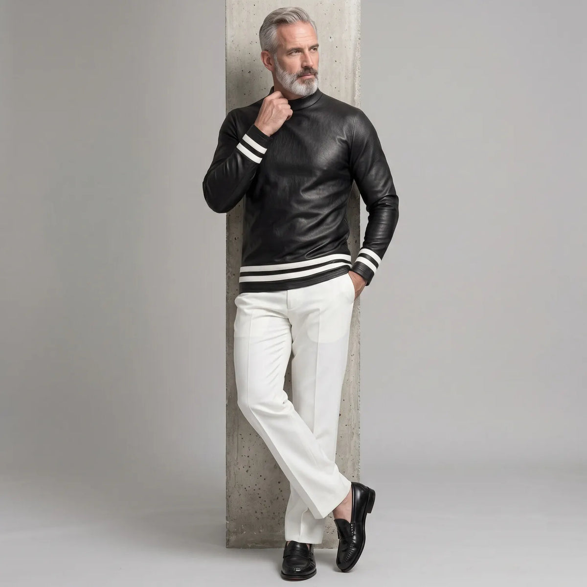 Men's Black PU Leather Mock Neck Contrast Striped Hem Long Sleeve T-Shirt