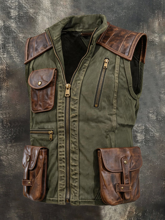 Men's Vintage Outdoor Stand-Collar Zip-Front Vest with Leather Paneling and Multiple Pockets