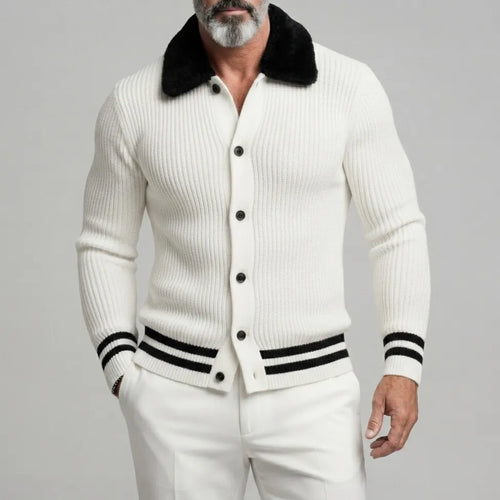 Men's White Ribbed Knit Contrast Fuzzy Collar Striped Trim Single Breasted Cardigan
