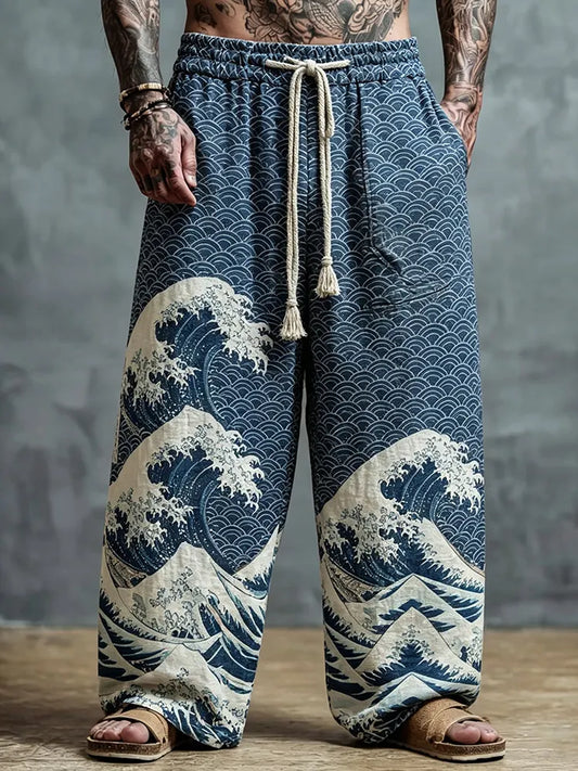 Men's Japanese Art Retro Wave Loose Cotton Linen Trousers