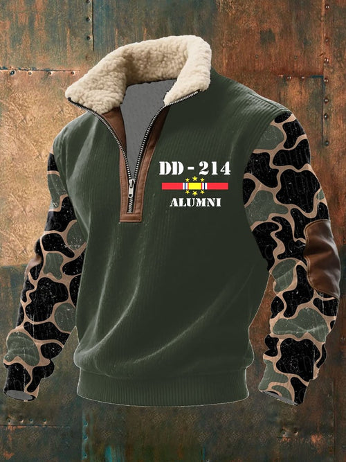 Men's Veteran Camouflage Print Zippered Fur Collar Long Sleeve Sweatshirt