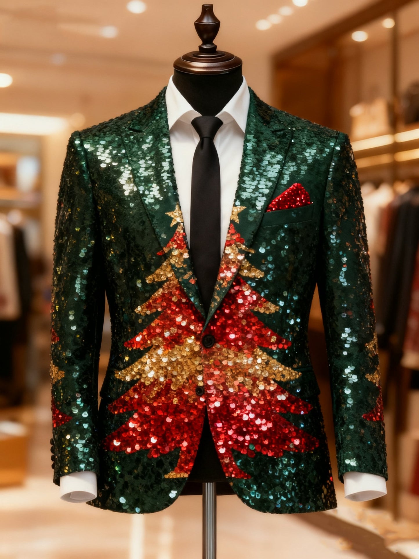 Men's Business Casual Large Pocket Notch Lapel Print Christmas Tree Blazers