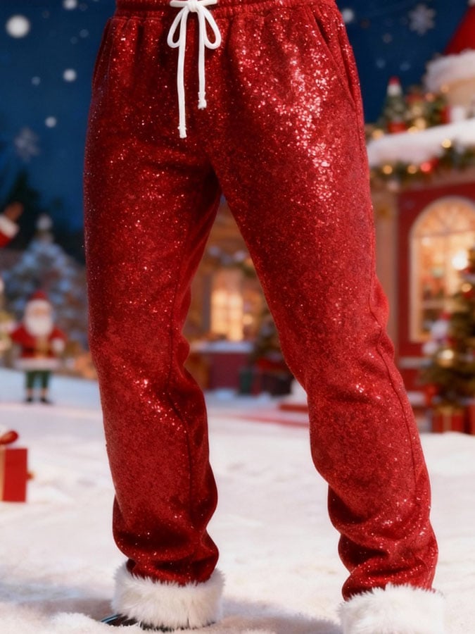 Men's Christmas Patchwork Furry Sequin Print Casual Pants