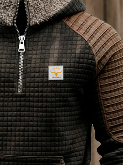 Men's Retro Waffle Stitching Contrast Color Comfortable Zipper Fur Collar Hooded Sweatshirt