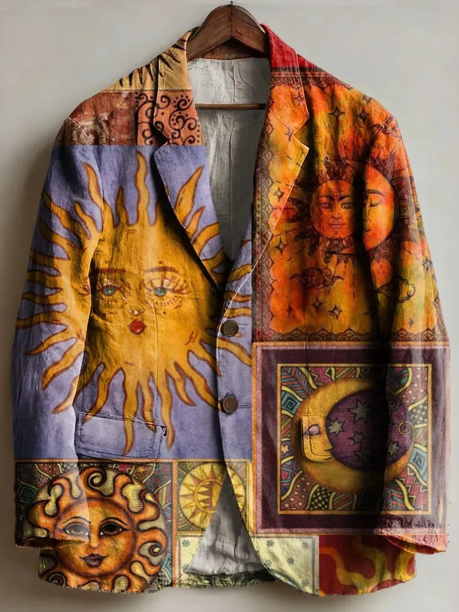 Men's Retro Hippie Sun And Moon Print Casual Blazer