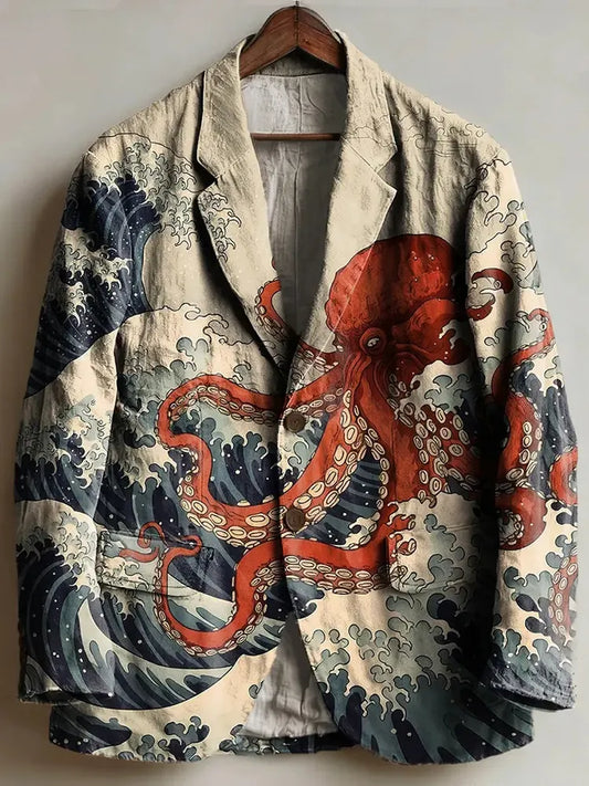 Men's Japanese Ukiyo-e Creative Octopus Print Casual Blazer