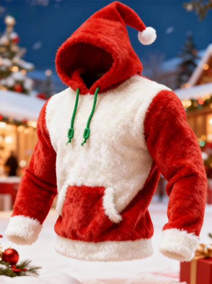 Men'S Plush Warm Color-Blocked Christmas Hooded Sweatshirt