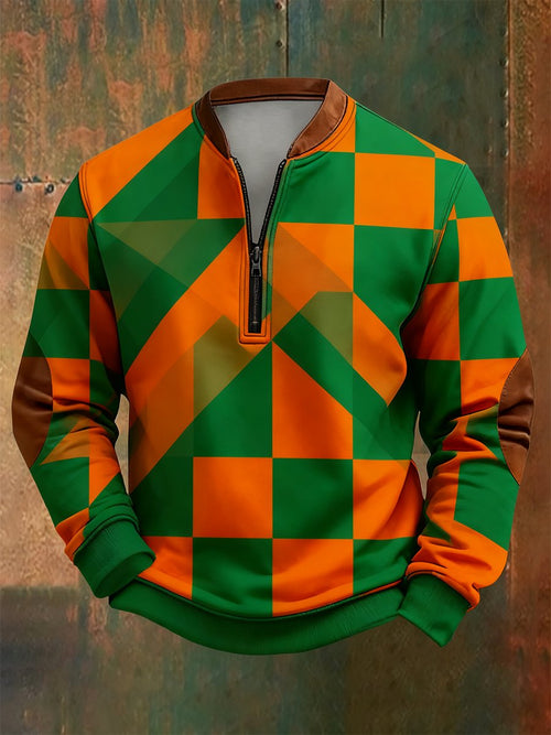 Men's Retro Bauhaus Geometric Style Print Quarter Zip Sweatshirt