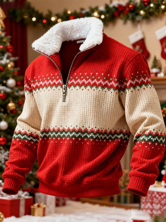 Men's Retro Color Block Print Christmas Fur Collar Sweatshirt