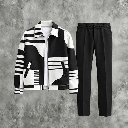 Men's Black-and-White Block-Print Zipper Hoodie and Pants Two-Piece Set