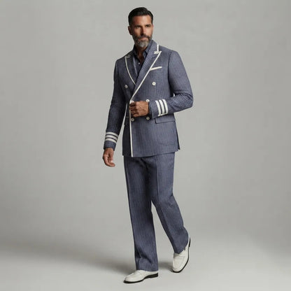 Men's Formal Navy Blue Pinstripe Print Contrast Piping Peak Lapel Double-Breasted Blazer & Pants 2Pcs Suit