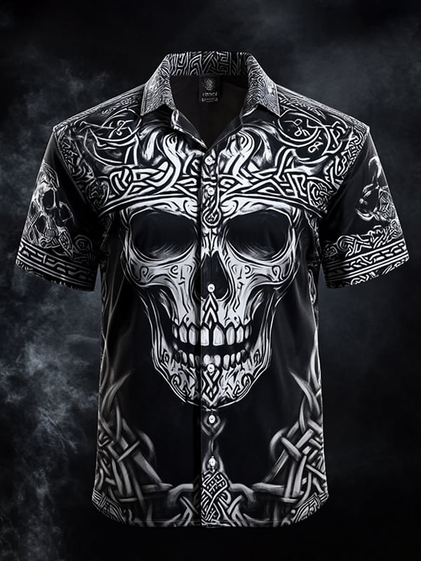 Men's Vintage Skull and Floral Short Sleeve Shirt