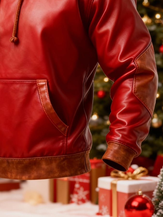 Men's Red Leather Panel Christmas Zip-Up Hoodie