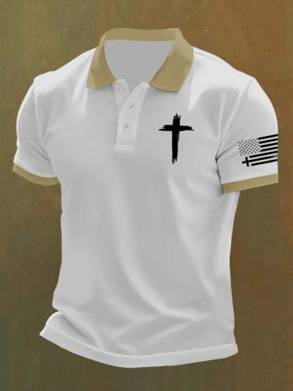 Men'S Flag Cross Print Casual Polo Shirt