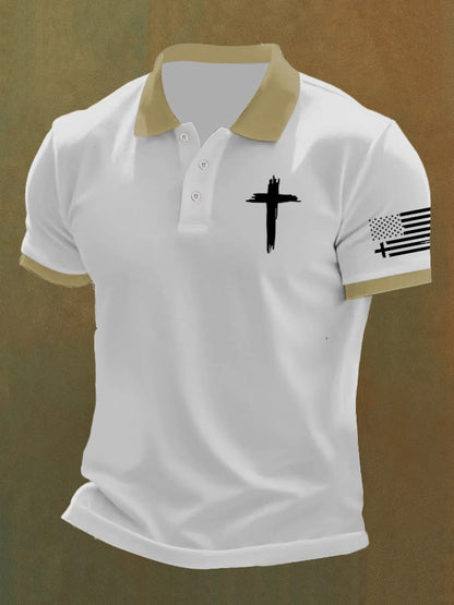 Men'S Flag Cross Print Casual Polo Shirt