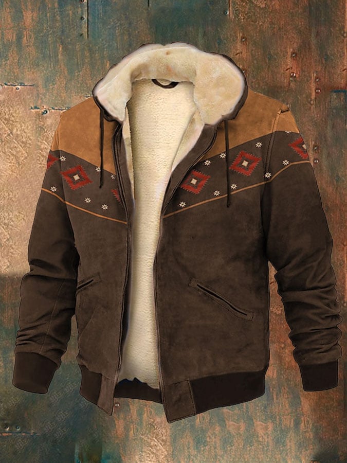 Men'S Retro Western Print Cotton Zipper Outerwear