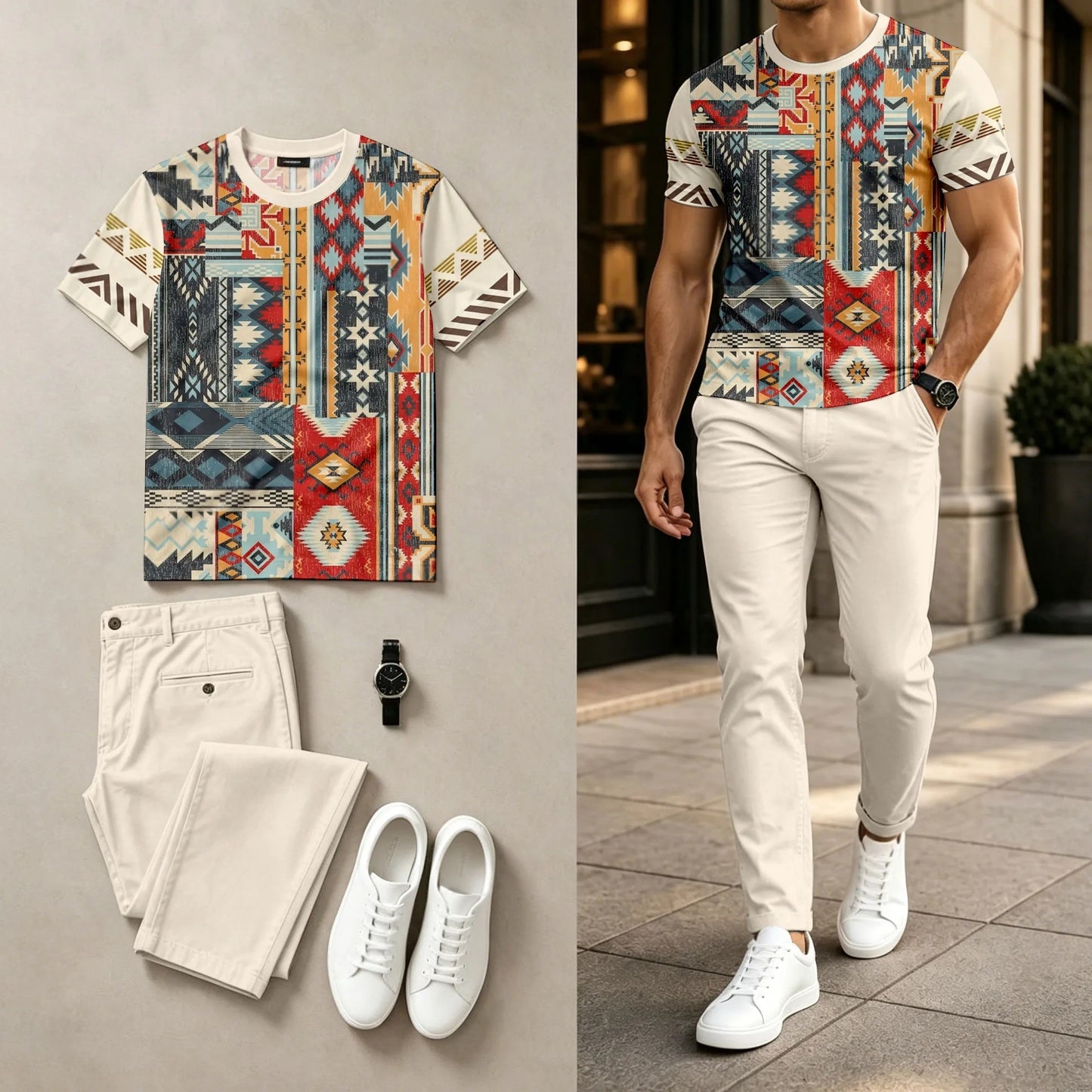 Men's Casual Multi-Color Block Print Round-Neck Short-Sleeve Top And Pants Two-Piece Set