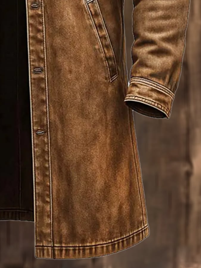 Men's Vintage Western Cowboy Canvas Multi-Pocket Ripped Lapel Outdoor Jacket Long Coat