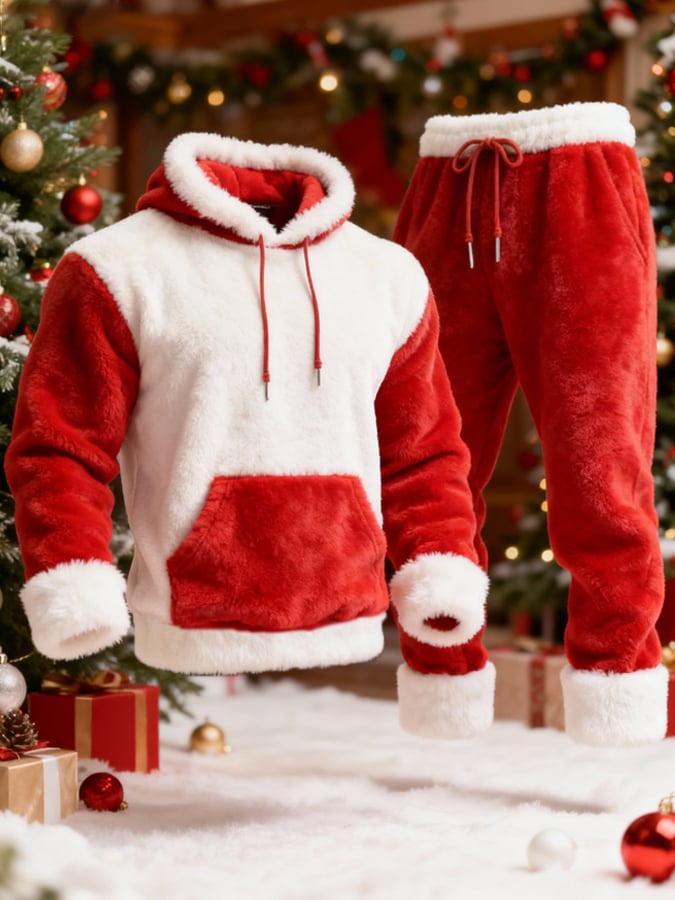 Men's Christmas Warm Plush Color-Blocked Casual Suit