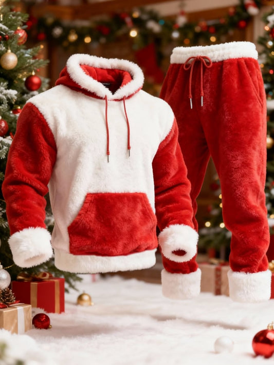 Men's Christmas Warm Plush Color-Blocked Casual Suit