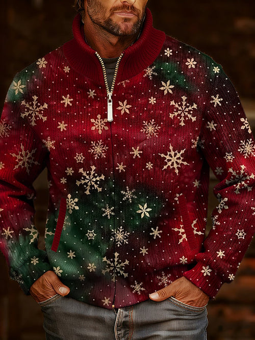 Men's Vintage Christmas Art Design Printed Knitted Jacquard Zip Comfort Jacket