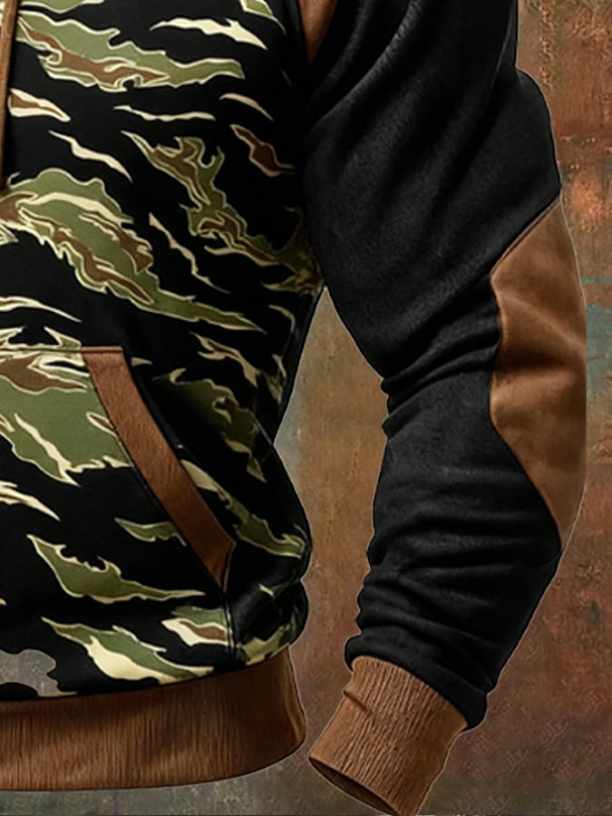Men's Retro Distressed Color Block Camouflage Print Casual Long Sleeve Sweatshirt