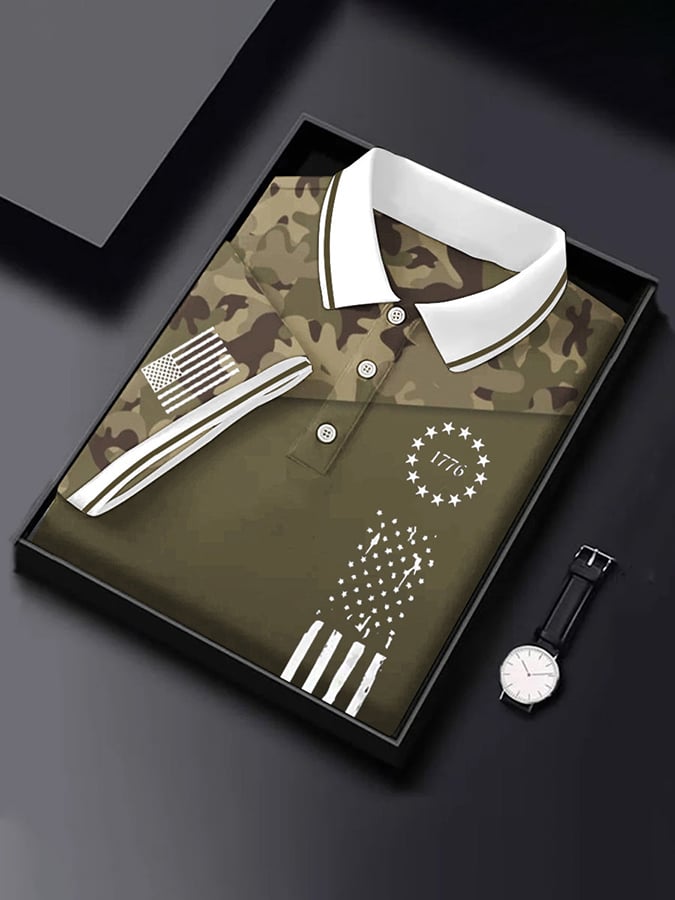 Men's Vintage Camouflage Flag Print Polo Shirt