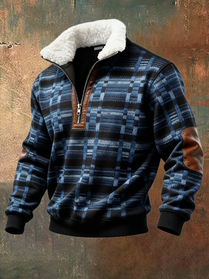 Men's Retro Color Block Print Casual Fur Collar Long Sleeve Sweatshirt