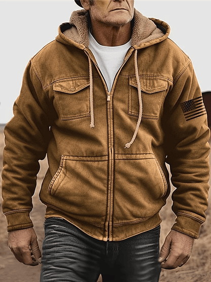 Western Vintage Men's Flag Printed Zipper Hooded Drawstring Jacket
