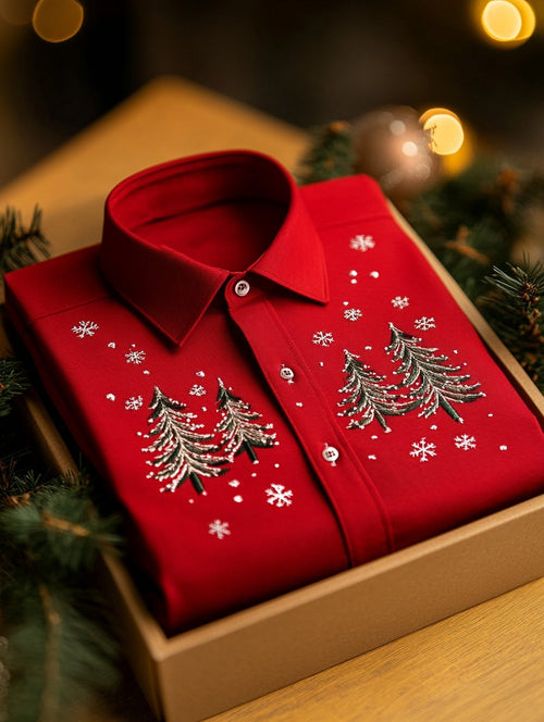 Men's Business Christmas Evergreen Tree Printed Long Sleeve Shirt