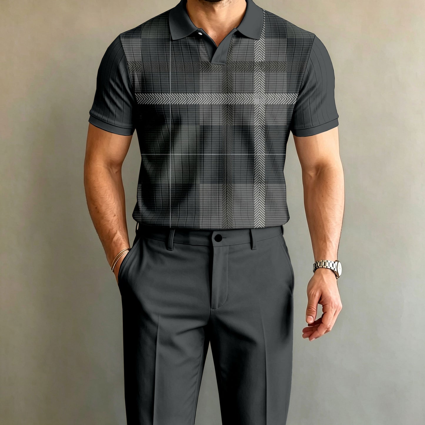 Men's Black and Gray Striped Short-Sleeve Polo Shirt and Pants Set