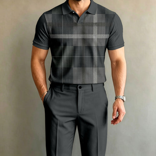 Men's Black and Gray Striped Short-Sleeve Polo Shirt and Pants Set