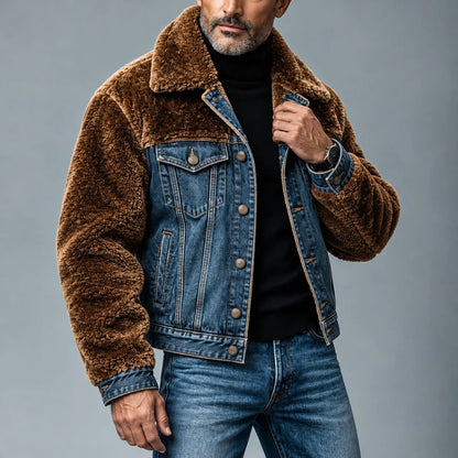 Men's Colorblock Single Breasted Multi-Pocket Denim Patchwork Fluffy Jacket