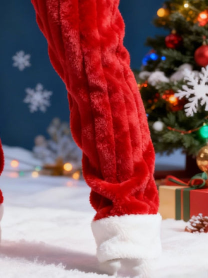 Men's Red Textured Plush Warm Christmas Cargo Pants