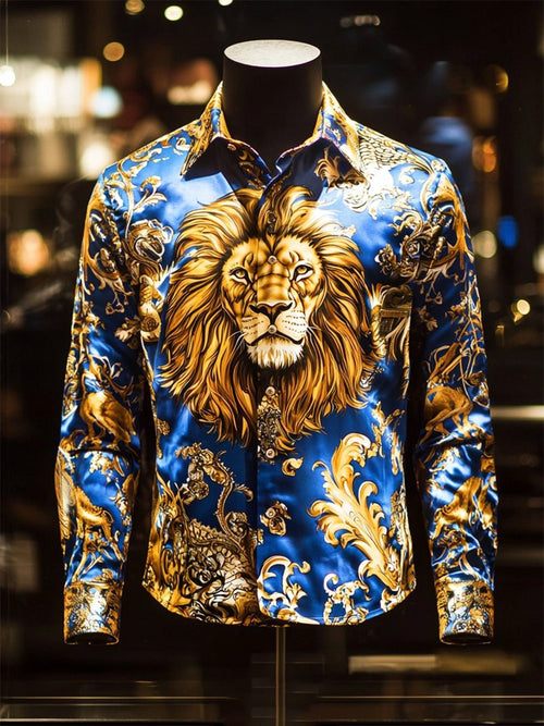 Men's Satin Luxe Lion Long Sleeve Button Down Shirt