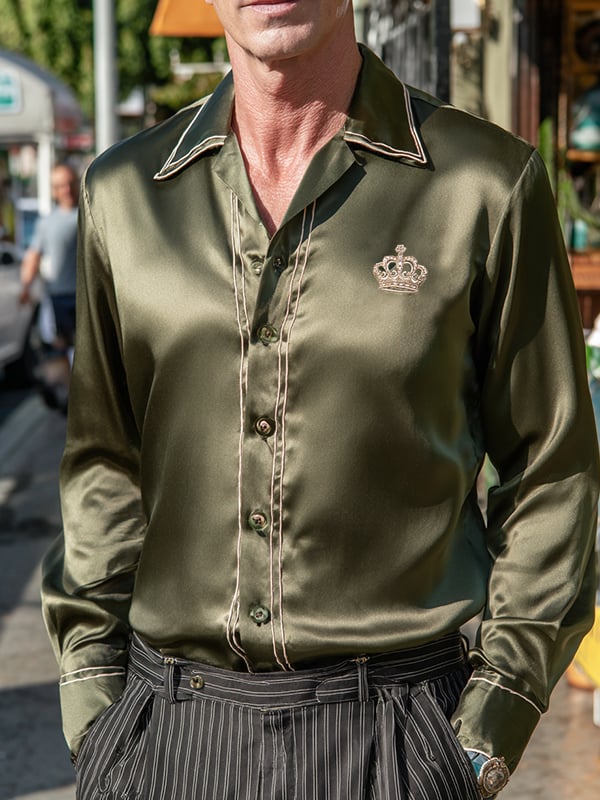 Men's Satin Luxe Crown Logo Button Long Sleeve Shirt