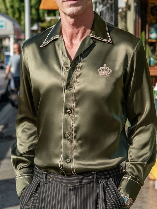 Men's Satin Luxe Crown Logo Button Long Sleeve Shirt