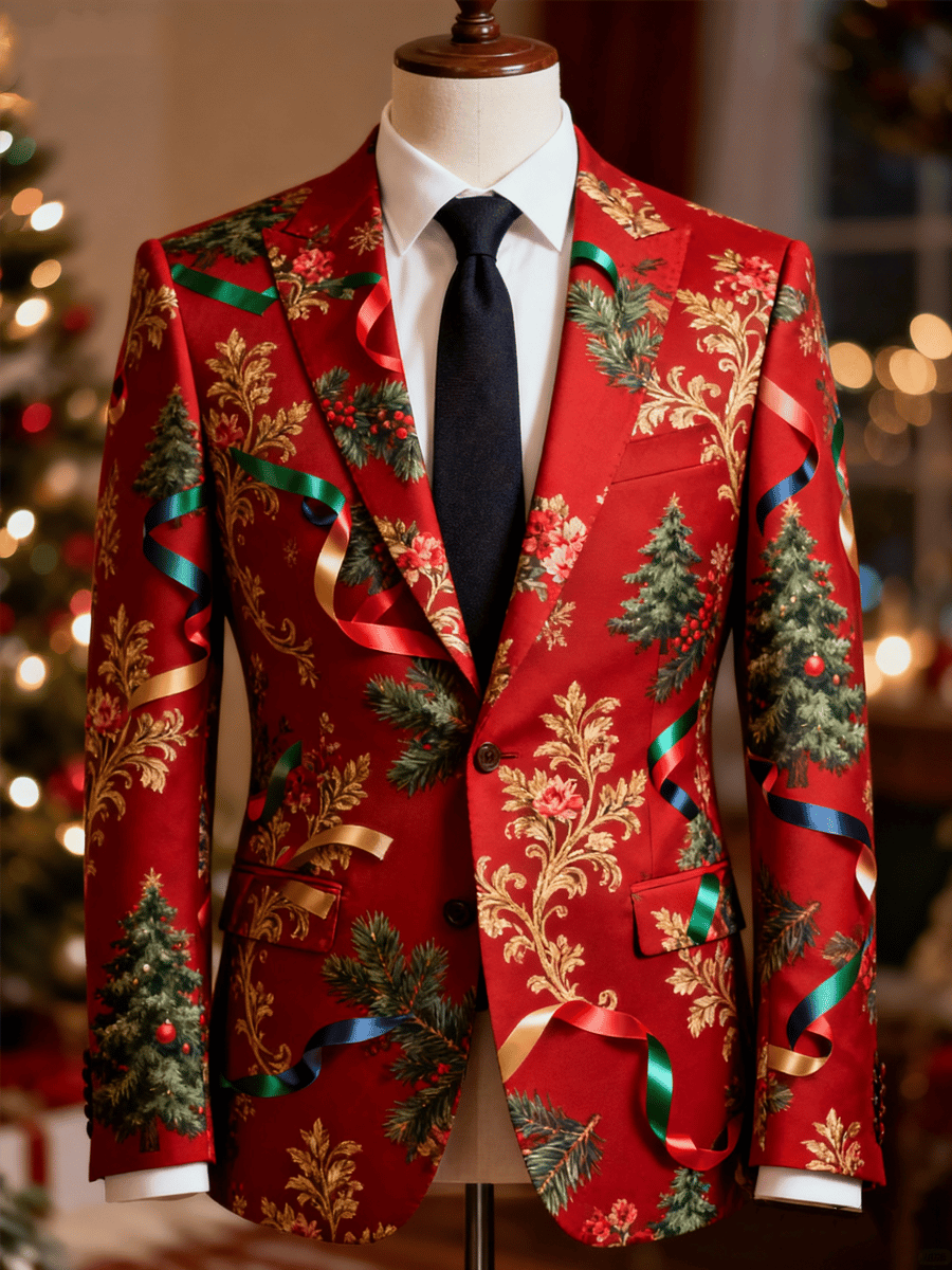Men's Luxury Christmas Evergreen Ribbon Lapel Suit Jacket