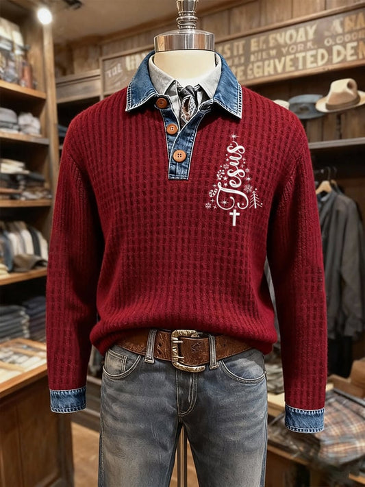 Men's Retro Jesus Christmas Tree Print Denim Patchwork Button-Up Sweatshirt