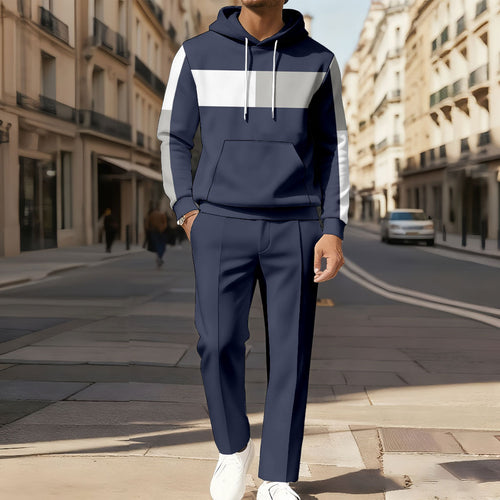 Men's Casual Color Matching Printed Long-Sleeve Hoodies Sweatshirt & Trousers Two-Piece Set