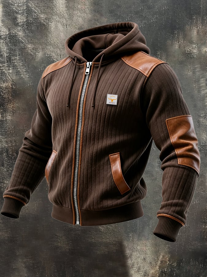 Men's Vintage Leather Patchwork Outdoor Knitted Ribbed Jacket