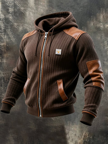 Men's Vintage Leather Patchwork Outdoor Knitted Ribbed Jacket