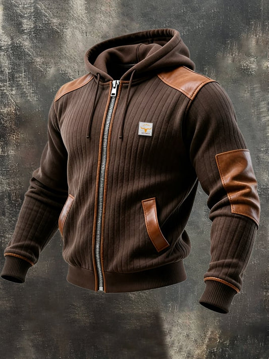 Men's Vintage Leather Patchwork Outdoor Knitted Ribbed Jacket