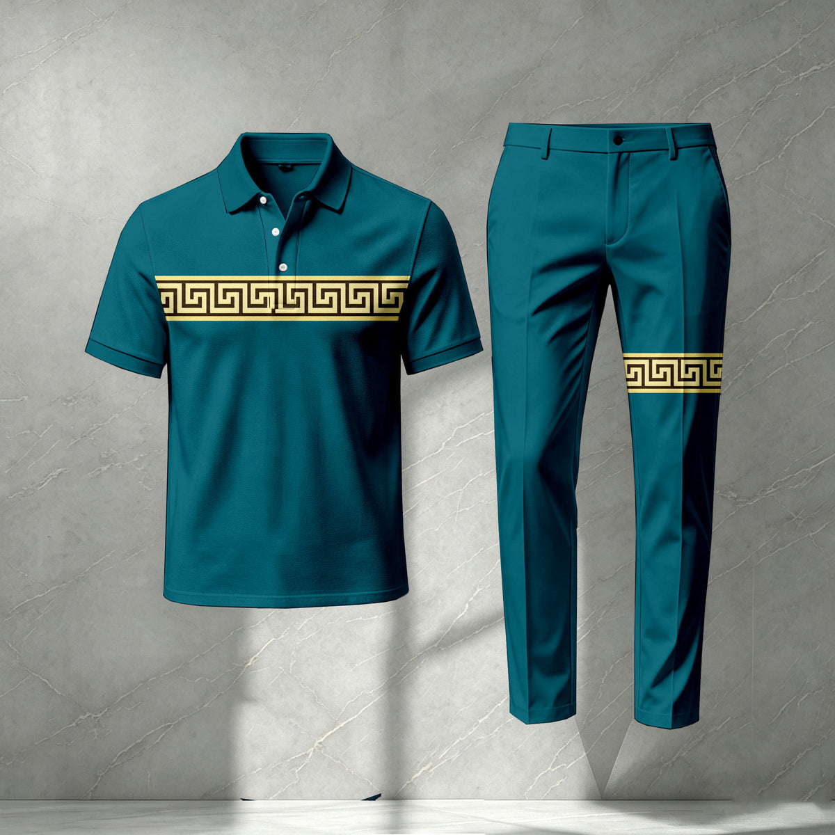 Men's Lake Blue Short-Sleeve Polo Shirt and Pants Set