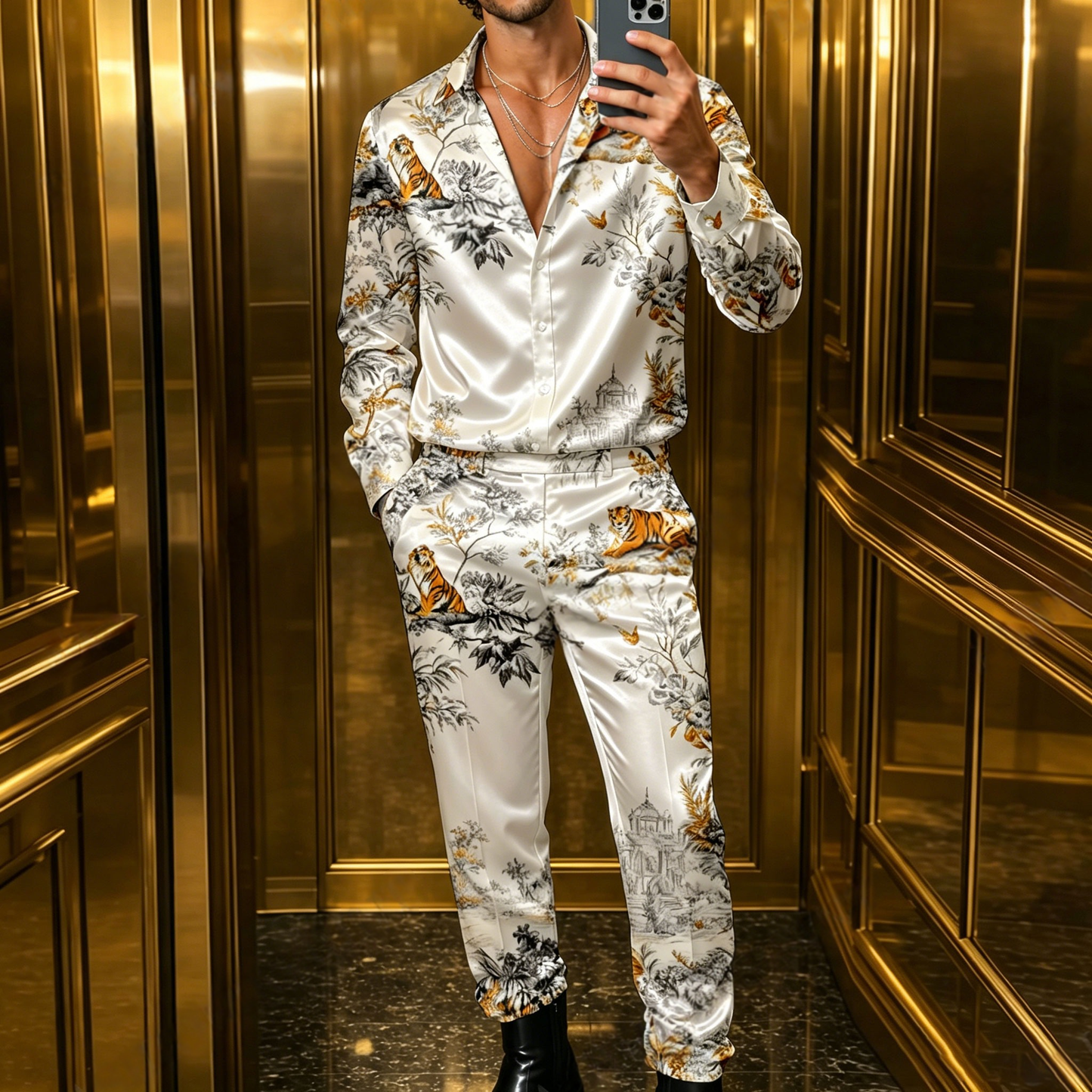 Men's Casual Long-Sleeve Shirt And Pants Set With Leopard Print And Branch Motif