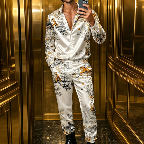 Men's Casual Long-Sleeve Shirt And Pants Set With Leopard Print And Branch Motif