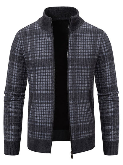 Men's Fashionable Plaid Design Warm Zipper Sweater Jacket