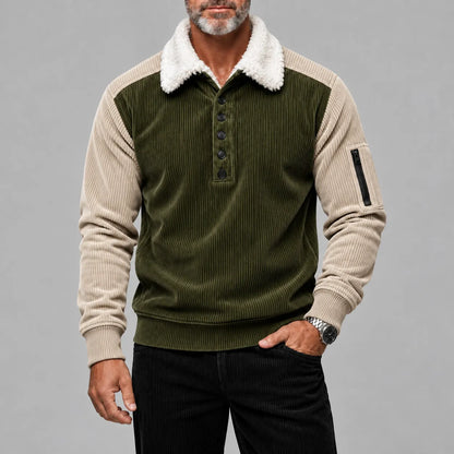 Men's Colorblock Corduroy Fluffy Collar Half Placket Long Sleeve Pullover Polo Shirt