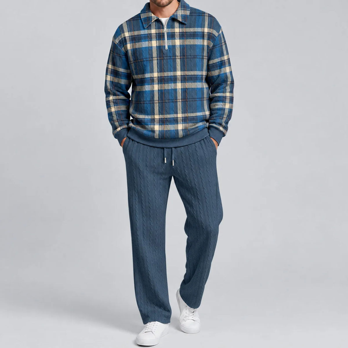 Men's Blue Checkered Polo Shirt and Pants Set