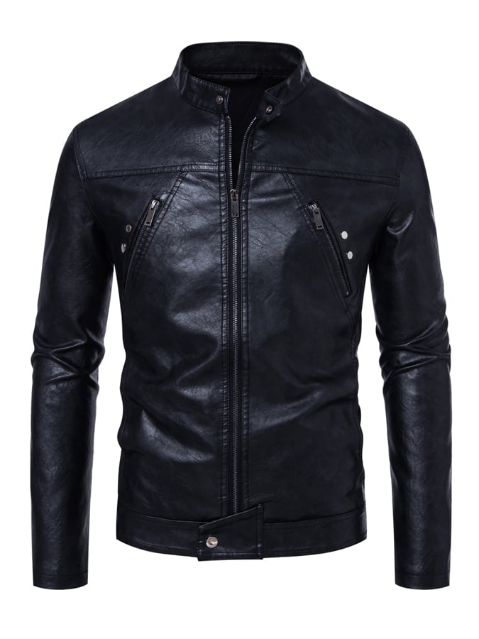 Men'S Stylish Casual Stand Collar Motorcycle Leather Jacket